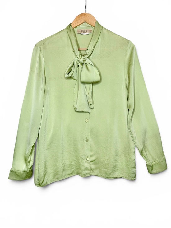 Gucci Tops - Gucci Light Green Silk Tie-Neck Blouse